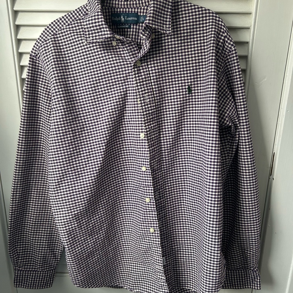 Ralph Lauren men’s button down long sleeve shirt. Large. Purple plaid